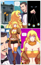 absurdres arabatos blonde_hair breasts cleavage comic empty_eyes expressionless femsub large_breasts long_hair maledom original pendulum purple_eyes rwby text undressing undressing_command western yang_xiao_long rating:Questionable score:188 user:Mindcollector13
