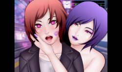 brown_hair empty_eyes expressionless female_only femdom femsub glowing hand_on_another's_cheek heart hypnotic_kiss kissing lipstick_mark miura_hiromichi open_mouth original pink_eyes purple_hair purple_lipstick yuri rating:Questionable score:13 user:Sleepyhead97