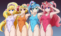 absurdres amane_kasai bangs bare_legs blonde_hair blue_eyes blue_hair breasts cure_finale cure_precious cure_spicy cure_yum-yum delicious_party_precure earrings empty_eyes expressionless female_only femsub green_eyes hair_bun_covers hair_buns hair_ornament hair_ribbon heart kokone_fuwa leotard long_hair magical_girl multicolored_hair multiple_girls multiple_subs pink_hair ponytail precure purple_eyes ran_hanamichi red_eyes ribbon saluting side_ponytail simple_background skymidaisuki standing standing_at_attention straight-cut_bangs twintails yui_nagomi rating:Questionable score:11 user:JustChilling