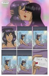 absurdres black_hair breasts comic dialogue exposed_chest female_only femdom femsub ghost_in_the_shell happy_trance kissing large_breasts lipstick long_hair makeup motoko_kusanagi polmanning purple_hair red_eyes short_hair tech_control text topless western yuri rating:Questionable score:86 user:PolManning