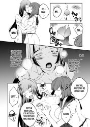 black_hair body_swap breast_sucking breasts comic doggy_style empty_eyes hard_translated hypnotic_drink kissing long_hair marialite monochrome petrification possession school_uniform sex short_hair tagme text translated yuri rating:Explicit score:8 user:L12@