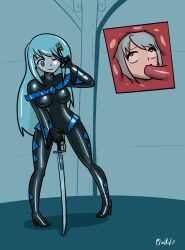  absurdres ahegao blue_eyes blue_hair cameltoe cangkulretak erect_nipples eye_roll femsub high_heels latex possession puella_magi_madoka_magica sayaka_miki sword tentacle_in_mouth tentacles v weapon wink  rating:questionable score: user:kiuflorete