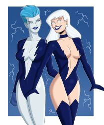 alternate_costume blue_hair breasts cleavage corruption dc_comics female_only femdom femsub glowing glowing_eyes happy_trance large_breasts livewire lois_lane long_hair polmanning short_hair smile super_hero superman_(series) western white_hair rating:Questionable score:83 user:PolManning