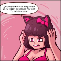 animal_ears black_hair blush brushie_art caption cat_ears cat_girl comic consensual dialogue drool femsub happy_trance kneeling maledom original penny_(brushie_art) text trigger wholesome rating:Questionable score:74 user:Brushie_Art
