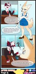 absurdres aggretsuko artifact_the_fox blue_eyes chair clothed comic confused crossed_arms dialogue evil_smile fennec_girl fenneko_(aggretsuko) fox_boy fox_girl furry glowhorn high_heels nintendo office open_mouth orange_eyes original pokeball pokemon red_hair sanrio sharp_teeth shirt simple_background skirt suit table tie tongue white_hair rating:Safe score:33 user:ArtifactFox