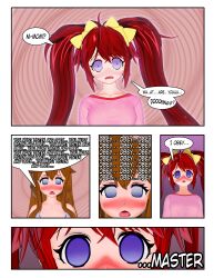 3d absurdres blush brown_hair comic empty_eyes femsub hypnotized_hypnotist karma-x loli long_hair mantra mother_and_daughter original red_hair text twintails yuri rating:Questionable score:97 user:KarmaX