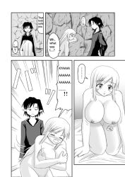 all_fours blush bottomless bouncing_breasts breasts comic covering dazed elf_ears femsub greyscale hanging_breasts hard_translated kan_no_koori kneeling large_breasts long_hair maledom monochrome nude original short_hair text topless translated rating:Explicit score:12 user:hypno