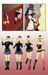 absurdres alternate_costume banedearg batman_(series) before_and_after bimbofication black_canary black_lipstick blonde_hair breast_expansion breasts cleavage collar comic corruption corset dc_comics enemy_conversion female_only femdom femsub fishnets happy_trance harley_quinn hat high_heels huge_breasts lady_blackhawk large_breasts lipstick long_hair magic magic_wand magician memetic_control red_lipstick smile super_hero transformation western yuri zatanna_zatara rating:Questionable score:150 user:solddate