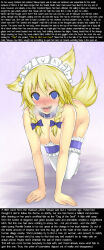 absurdres all_fours animal_ears animal_transformation blonde_hair blush braid breasts caption collar dog_ears dog_girl empty_eyes female_only femsub fox_girl hair_ribbon happy_trance large_breasts maid maid_headdress manip pet_play ribbon sakuya_izayoi solo tail tail_growth text thighhighs tongue tongue_out topless touhou transformation twintails rating:Questionable score:139 user:hypno