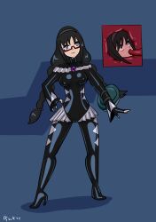 absurdres black_hair braid cameltoe cangkulretak empty_eyes erect_nipples femsub glasses headband high_heels homura_akemi latex long_hair ponytail possession puella_magi_madoka_magica purple_eyes tentacle_in_mouth tentacles twintails rating:Questionable score:27 user:MesMerZ