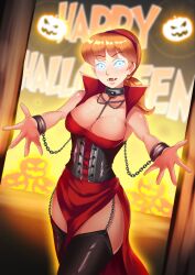 absurdres april_o'neil breasts cleavage evil_smile female_only femdom femsub glowing glowing_eyes halloween haryudanto large_breasts ponytail pumpkin red_hair smile teenage_mutant_ninja_turtles text thighhighs tomboy vampire western rating:Questionable score:173 user:daveyboysmith9