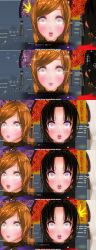 3d absurdres black_hair blue_eyes breasts cleavage comic costume custom_maid_3d_2 dialogue femsub halloween izumi_(made_to_order) kamen_writer_mc large_breasts makeup midriff multiple_girls multiple_subs orange_eyes orange_hair pink_lipstick purple_lipstick rika_(made_to_order) ring_eyes standing standing_at_attention tech_control text translated zombie_walk rating:Questionable score:7 user:Fushigiball