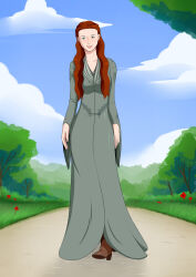  absurdres breasts dress empty_eyes female_only femsub game_of_thrones green_eyes happy_trance long_hair long_skirt oo_sebastian_oo red_hair sansa_stark small_breasts  rating:safe score: user:eodez