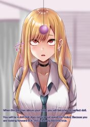 amagiri_miki blonde_hair blush breasts choker cleavage collarbone drool earrings expressionless femsub hard_translated large_breasts long_hair maledom marin_kitagawa my_dress-up_darling open_mouth pendulum red_eyes school_uniform text tie tongue translated rating:Safe score:32 user:roseateheart