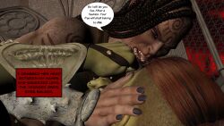 3d absurdres bondage breasts brown_hair comic dialogue dreadlocks female_only femdom femsub green_skin large_breasts long_hair muscle_girl orc orc_girl red_hair text the_mad_prince rating:Questionable score:0 user:TheMadPrince