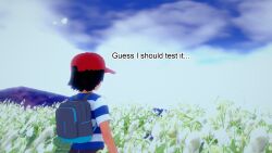 ash_ketchum aware backpack black_hair clothed dialogue male_only mustardsauce outdoors pokemon pokemon_(anime) solo text rating:Safe score:1 user:Bootyhunter69