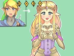 blonde_hair blue_eyes blush breasts cleavage crown elf elf_ears femsub happy_trance holding_breasts hypnotic_audio hypnotic_music hyrule_warriors jewelry link long_hair maledom nintendo open_mouth possession princess princess_zelda roiner-rinku simple_background smile the_legend_of_zelda wind_waker rating:safe score: user:grandmaster37