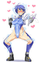  blue_hair blush breasts drool electricity female_only femsub gloves haigure headband heart heart_eyes izanagi large_breasts leotard magical_girl_lyrical_nanoha short_hair simple_background solo subaru_nakajima symbol_in_eyes tears thighhighs trembling white_background yellow_eyes  rating:questionable score: user:psi