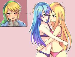  blonde_hair blue_hair blush bra breast_press breasts cleavage elf elf_ears empty_eyes femsub happy_trance hug hypnotic_audio hypnotic_music hyrule_warriors lana_(zelda) link long_hair maledom midriff multiple_girls multiple_subs navel nintendo panties possession princess princess_zelda purple_eyes roiner-rinku simple_background smile symmetrical_docking the_legend_of_zelda underwear wink  rating:questionable score: user:grandmaster37