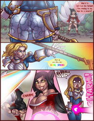 ahri ass black_hair blonde_hair bottomless breasts cameltoe charm_(spell) cleavage comic dialogue dress female_only femdom femsub fox_girl large_breasts league_of_legends long_hair luxanna_crownguard magic shia text rating:Explicit score:132 user:Mesmer
