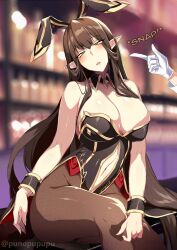 alternate_costume bare_shoulders black_hair breasts bunny_ears bunnysuit cleavage collar cuffs dazed elf_ears empty_eyes eye_roll fake_animal_ears fate/apocrypha fate/grand_order fate_(series) finger_snap gloves lillytank_(manipper) long_hair manip navel open_mouth pov pov_dom punopupupu semiramis_(fate) sitting swaying text tights very_long_hair wrist_band yellow_eyes rating:Safe score:202 user:LillyTank