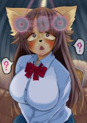 blush breasts brown_hair chikarasox confused femsub furry glowing glowing_eyes large_breasts long_hair pendulum school_uniform sweat very_long_hair rating:explicit score: user:mattlau04