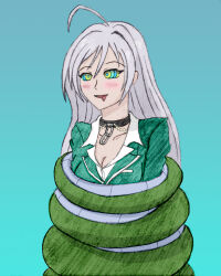 ahoge blush bondage breasts choker cleavage coils dawsoetheritz drool femsub happy_trance kaa_eyes long_hair moka_akashiya monster_girl open_mouth rosario+vampire silver_hair simple_background smile snake vampire rating:safe score: user:dawsoetheritz