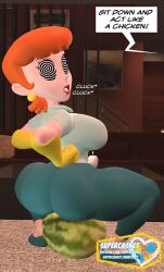3d ass breasts chicken_pose dexter's_laboratory femsub gloves large_breasts leggings milf mom_(dexter's_lab) red_hair sitting source_filmmaker spiral_eyes squatting supercasket symbol_in_eyes text rating:Questionable score:31 user:Drex_O