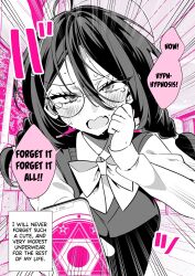 ahoge blush confused dialogue failed_hypnosis femdom glasses gohome-kun long_hair looking_at_viewer magic_circle open_mouth phone pov pov_sub school_uniform sweat text twin_braids uniform rating:Safe score:30 user:wokeat4am