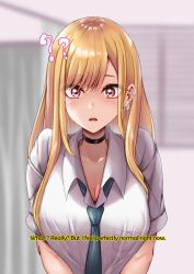 amagiri_miki blonde_hair blush breasts choker cleavage collarbone earrings femsub hard_translated large_breasts long_hair maledom marin_kitagawa my_dress-up_darling open_mouth red_eyes school_uniform surprised text tie tongue translated rating:Safe score:12 user:roseateheart