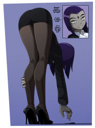 bent_over black_skirt breasts dc_comics dialogue female_only femsub grey_skin high_heels large_breasts manip pantyhose purple_hair raven ravenravenraven short_hair spiral_eyes super_hero symbol_in_eyes teen_titans text thigh_gap tiechonortheal_(manipper) unaware western rating:Safe score:312 user:tiechonortheal