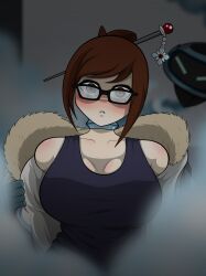 absurdres blush breasts brown_hair collar disguised_hypnotist empty_eyes femsub fur_coat glasses gloves hairpin looking_at_viewer mei_(overwatch) open_mouth overwatch snowball tagme undressing rating:Safe score:150 user:DisguisedHypnotist