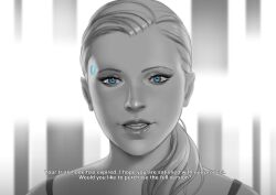 blue_eyes chloe_(detroit_become_human) detroit_become_human female_only greyscale john_doe looking_at_viewer ponytail short_hair solo text rating:Safe score:42 user:RedCollarBlackCollar