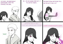 absurdres black_hair comic dialogue english_text essence_(nexus_light) femdom green_eyes greyscale magic malesub mute_(nexus_light) nexus_light original pink_eyes text rating:Questionable score:58 user:Nexus_Light