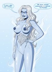 blue_skin bottomless breasts female_only femdom femsub glasses glowing glowing_eyes happy_trance large_breasts long_hair nude original polmanning seline_(sasirre) text topless western white_hair rating:Explicit score:39 user:sasirre