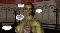 3d abs absurdres breasts comic dialogue female_only green_skin large_breasts muscle_girl orc orc_girl red_hair surprised text the_mad_prince rating:Questionable score:0 user:TheMadPrince