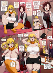 bike_shorts black_hair blonde_hair breasts cleavage comic empty_eyes expressionless feet femsub huge_breasts large_breasts long_hair midriff ruby_rose rwby short_hair shorts skirt socks stormfeder text thighhighs trigger yang_xiao_long rating:Explicit score:194 user:sonicfan150