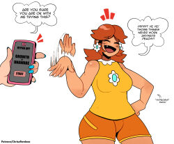 breasts cell_phone clothed comic denial dialogue earrings femdom femsub hypnotic_app large_hips laughing nintendo phone pov pov_dom princess princess_daisy princess_peach red_hair shirt short_hair shorts speech_bubble super_mario_bros. tech_control text thehornyzen thick_thighs tomboy rating:Questionable score:94 user:DocHyp