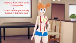aware blue_eyes clothed clothed_exposure dialogue female_only jean_shorts misty mustardsauce orange_hair pokemon pokemon_(anime) solo suspenders text unaware underboob rating:Explicit score:4 user:Bootyhunter69