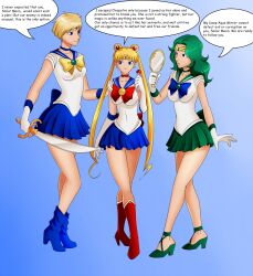 absurdres bare_legs blonde_hair blue_eyes boots breasts female_only gloves green_hair high_heels knee-high_boots legs long_hair oo_sebastian_oo opera_gloves sailor_moon sailor_moon_(series) sailor_neptune sailor_uranus short_hair small_breasts text twintails rating:Safe score:81 user:DaisyHypnoCharm