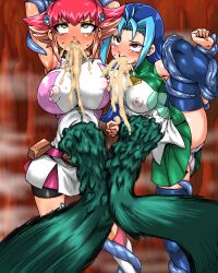 ahegao anna_kaboom blue_hair blush breasts comic cum cum_in_mouth eye_roll female_only femsub huge_breasts kitsune_tsuki large_breasts long_hair red_hair rio_kastle short_hair standing_split tentacles thighhighs twintails vomit yoga yu-gi-oh! yu-gi-oh!_zexal rating:Explicit score:9 user:foffyoul5
