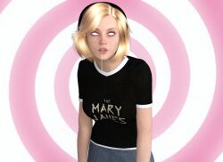 3d absurdres blonde_hair dazed drool female_only femsub gwen_stacy marvel_comics shirt solo spider-gwen spiral spiral_eyes super_hero symbol_in_eyes theheckle rating:Questionable score:58 user:theheckle