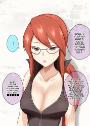 breasts brown_eyes cleavage dialogue female_only femsub glasses hard_translated large_breasts lorelei na_shacho nintendo pokemon pokemon_firered_and_leafgreen red_hair sweat text translated rating:Questionable score:31 user:Zyfire