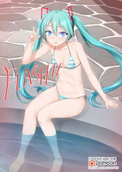 bikini blue_hair breasts female_only femsub glowing glowing_eyes headphones long_hair looking_at_viewer miku_hatsune open_mouth pool solo text twintails v vahn_yourdoom vocaloid rating:Safe score:48 user:vahn_yourdoom