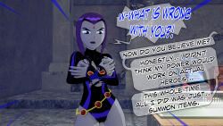 angry aware breasts covering dc_comics dialogue dogdog english_text goth grey_skin nipples purple_eyes purple_hair raven text torn_clothes rating:Explicit score:1 user:Bootyhunter69
