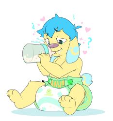 animals_only blue_hair blush confused cuddlehooves cuddlehooves_(character) diaper drinking drool green_eyes hypnotic_drink male_only malesub non-human_feet original paws shota solo surprised text yellow_skin rating:Questionable score:9 user:Mattlau04