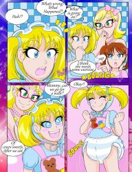 age_regression apron blonde_hair blue_eyes blush bonnet brown_hair comic dialogue diaper happy_trance kiddom kobi94 open_mouth original resisting short_hair sisters spiral_eyes symbol_in_eyes tears text trigger turning_the_tables twintails rating:Questionable score:28 user:godofwar99