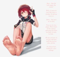  arknights barefoot caption exusiai_(arknights) feet femdom foot_focus hypnofyre_(manipper) hypnotic_feet jacket manip pov pov_sub red_eyes red_hair sushic92 text v wink  rating:explicit score: user:hypnofyre