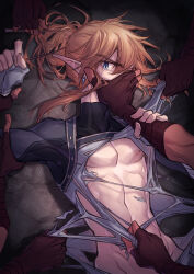 abs absurdres androgynous arsh blonde_hair blue_eyes bodysuit bottomless breath_of_the_wild comic earrings elf_ears fingerless_gloves gloves jewelry link long_hair male_only multiple_boys nintendo nude rape tears the_legend_of_zelda topless torn_clothes trap yiga_clan rating:Questionable score:26 user:Diplo_Song