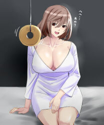 breasts brown_eyes brown_hair character_request cleavage collarbone consensual happy_trance huge_breasts milf open_mouth original short_hair sitting smile switch_01 text rating:Safe score:95 user:Cromsis